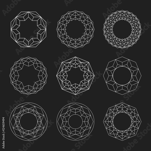 Linear shapes. Sacred geometry. Circle shapes set. Crystal forms. Black and white. Outline Mandala frames. Crystal form.