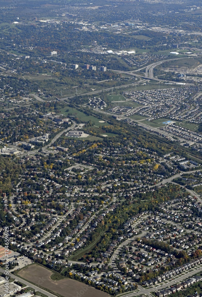 aerial view of a neighborhood in Guelph, Ontario Canada
