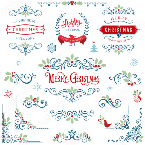 Ornate Christmas frames and swirl elements with Merry Christmas quotes and banners, snowflakes, Christmas tree, Holly Berry and bird.