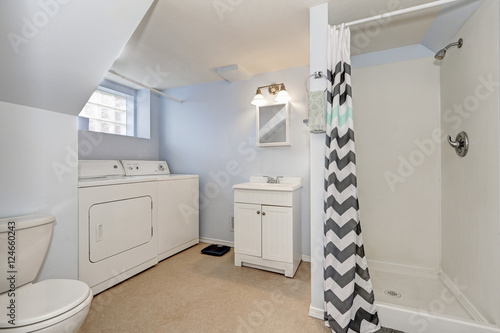 Light blue bathroom interior with laundry appliances