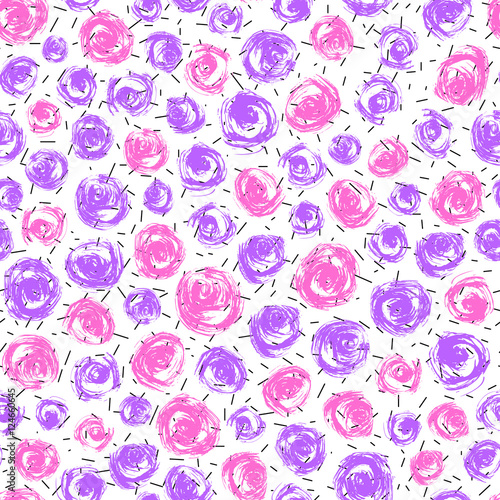 Fashion graphic print for girl. Hand drawn abstract confetti seamless pattern. Vector pink, purple geometric pattern in retro memphis, 80s-90s color style. Paint brush smears on white background.