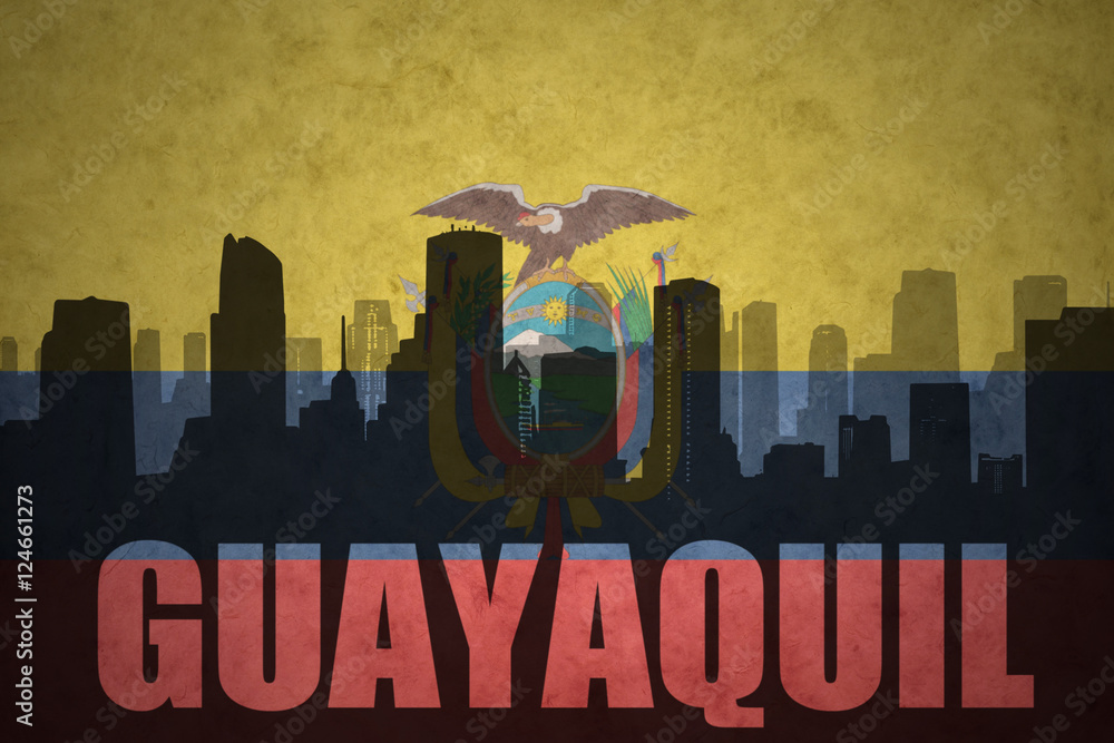 abstract silhouette of the city with text Guayaquil at the vintage ecuadorian flag