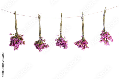 three bouquets of dried flowers on a white background