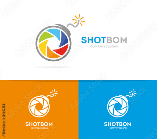 Vector logo combination of a camera shutter and bomb. Photography and focus logo. Lens and bomb symbol or icon. Unique photo and zoom logo design template. Creative photo camera bomb logo.