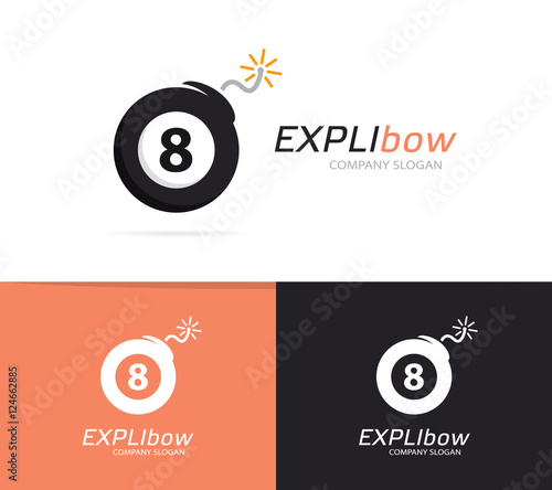 Vector logo combination of a billiard ball and bomb. Explosion and number logo. Billiard ball and bomb symbol or icon. Unique snooker and destruction logo design template. Creative black ball bomb