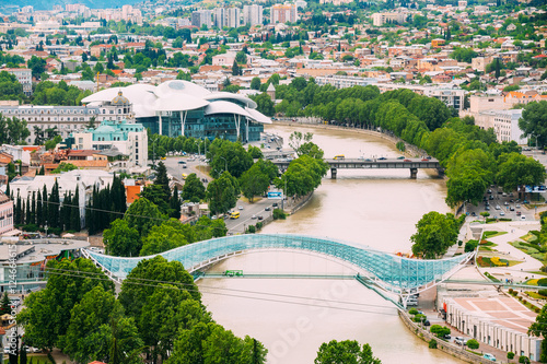 Top Cityspape View Of Kura Mtkvari River Under Bridge Of Peace, 