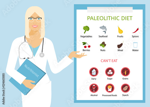 Woman doctor dietitian demonstrates paleolithic diet