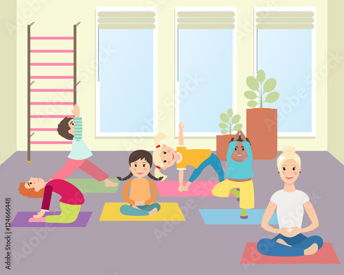 Kids yoga with Instructor in gym class. Sport lesson for children Vector illustration. Illustration of Kids Learning Yoga