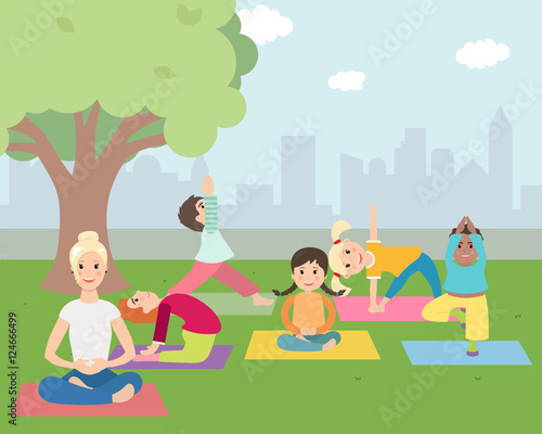 Illustration of Kids with instructor doing Yoga outdoors in green park. Kids Learning Yoga with trainer.