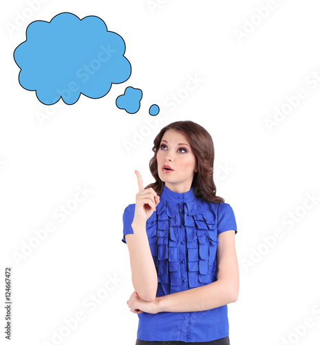 Businesswoman with word bubble on white background. Business training and strategy concept.