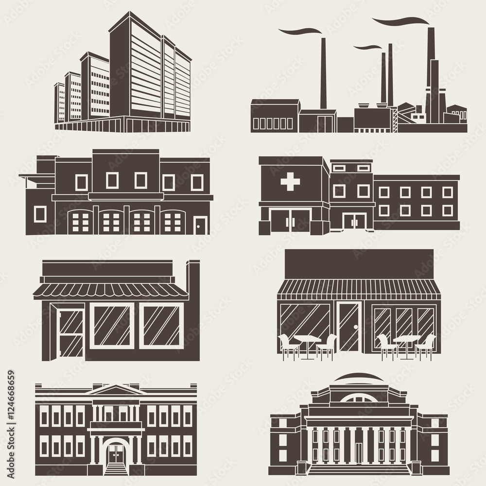 Fototapeta premium Vector illustration different urban industrial buildings in a flat style.