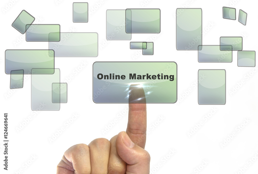 Businessman hand pushing on a touch screen interface on online marketing button Businessman hand pushing on a touch screen interface on online marketing button
