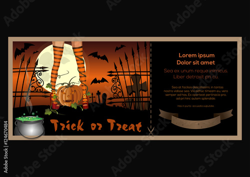 Halloween banner design. Sexy female legs in striped stockings on a background of the cemetery. Jack-o'-lantern. Vector illustration