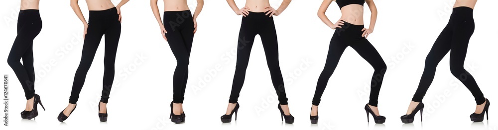 Black leggings in beauty fashion concept isolated on white Black leggings in beauty fashion concept isolated on white