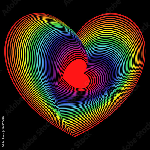 Red heart into the lot of spectrum color heart shapes