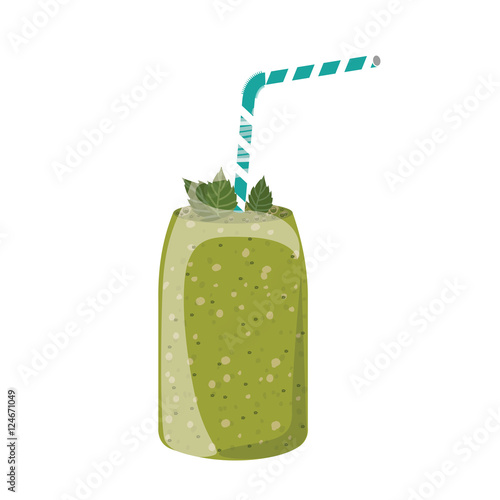 green juice smoothie on mason jar with straw and leaves decorations over white background. vector illustration