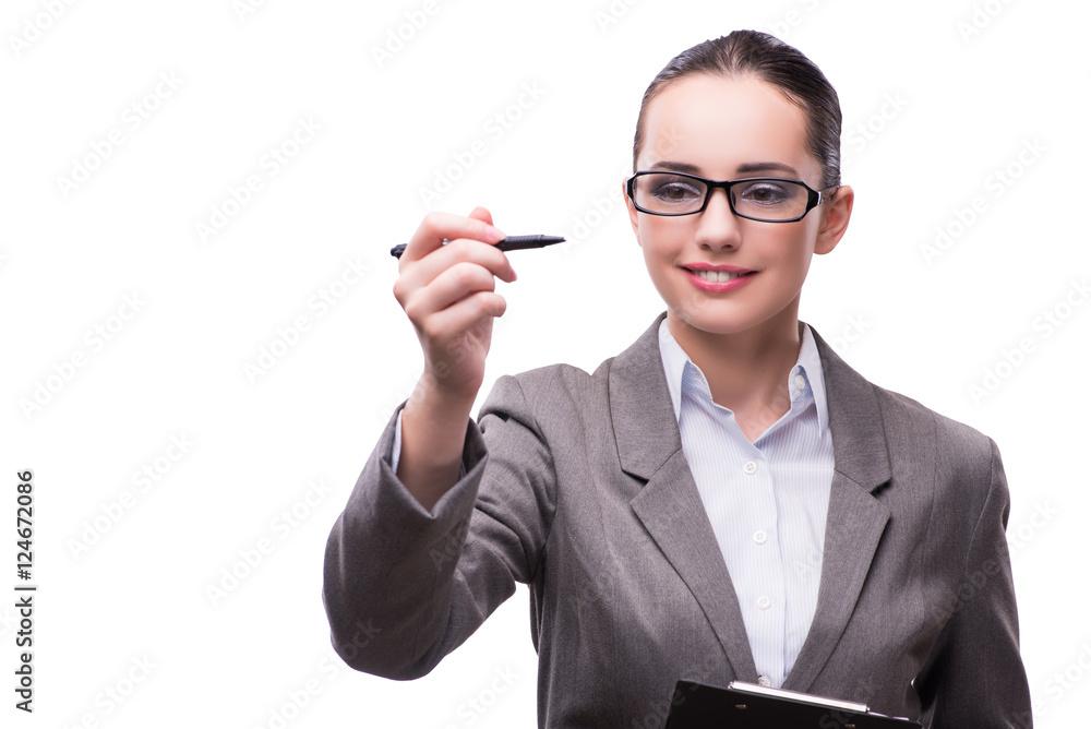 Businesswoman pressing virtual button in business concept Businesswoman pressing virtual button in business concept