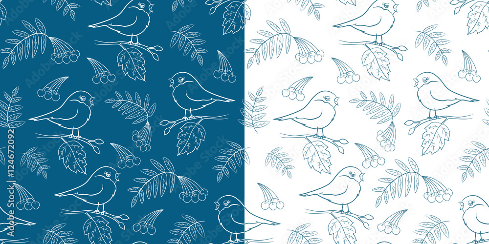 Winter seamless pattern with bullfinch and rowan. Vector background eps 10