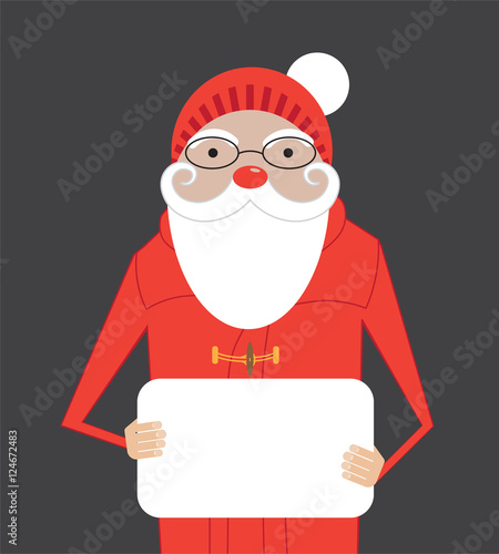 Winter holidays template. Santa holding a banner with place for your text. Vector illustration.