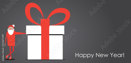 Santa leans on a big Christmas gift box. Vector illustartion