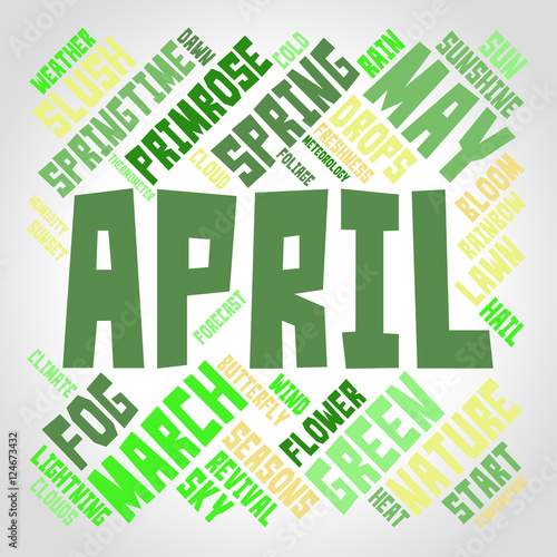 April word cloud in shape of square. Seasons concept. Vector.