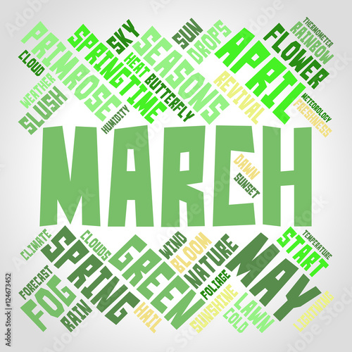 March word cloud in shape of square. Seasons concept. Vector.