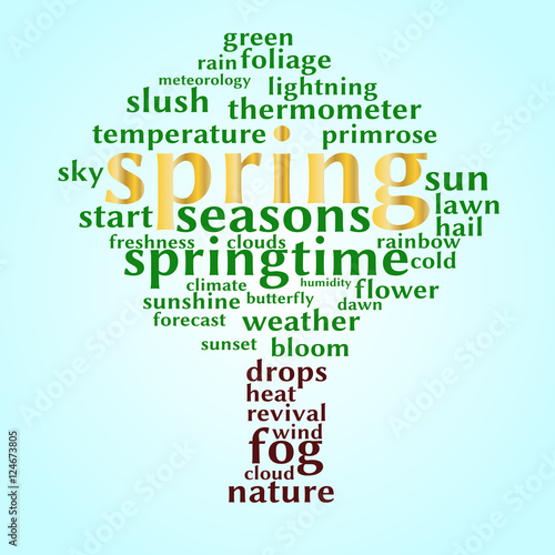 Spring word cloud in shape of tree on blue background. Seasons concept. Vector.