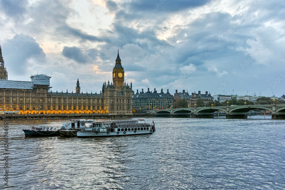 Amazing Sunset view of Houses of Parliament, Palace of Westminster,  London, England, Great Britain