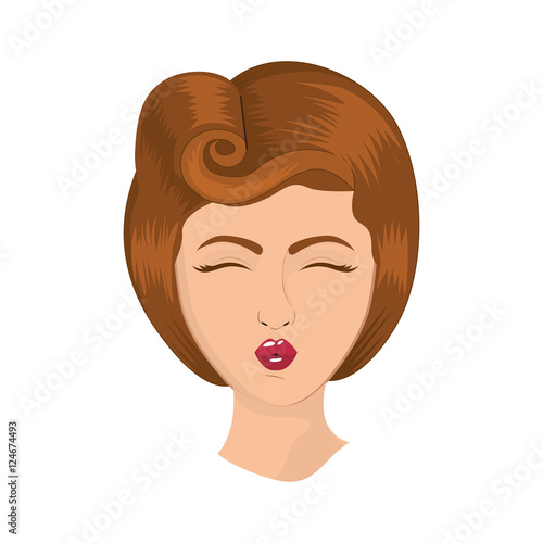 cartoon retro woman face  with red lips and classic hairstyle  over white background. vector illustration