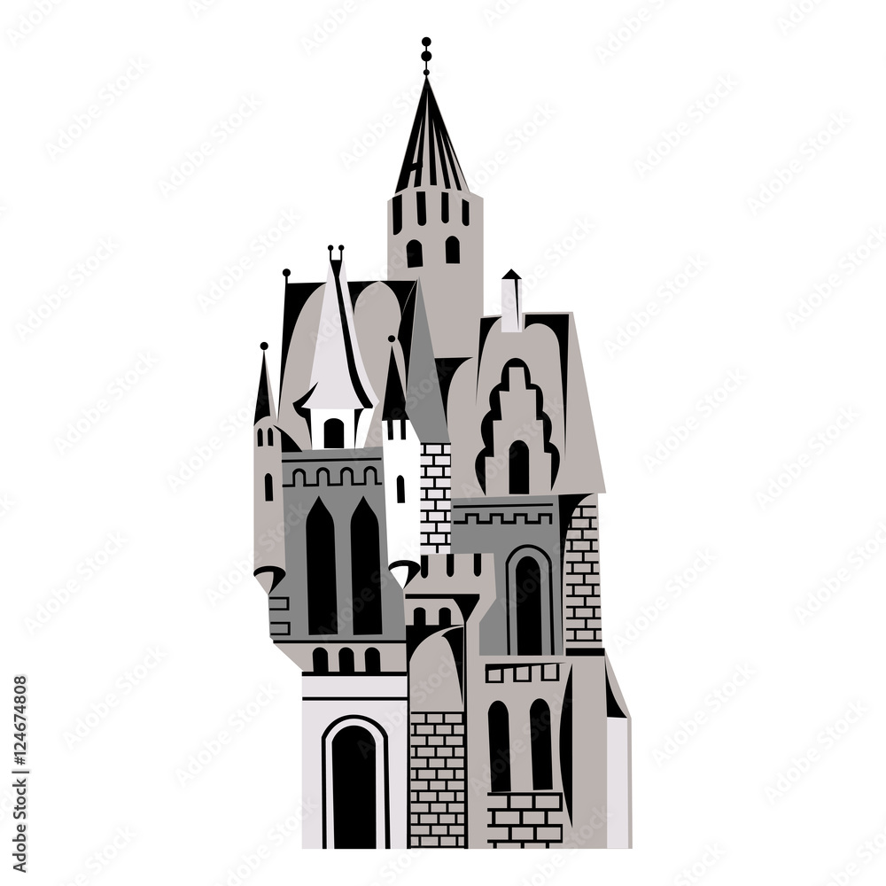 castle with towers for fairy tales gray on white