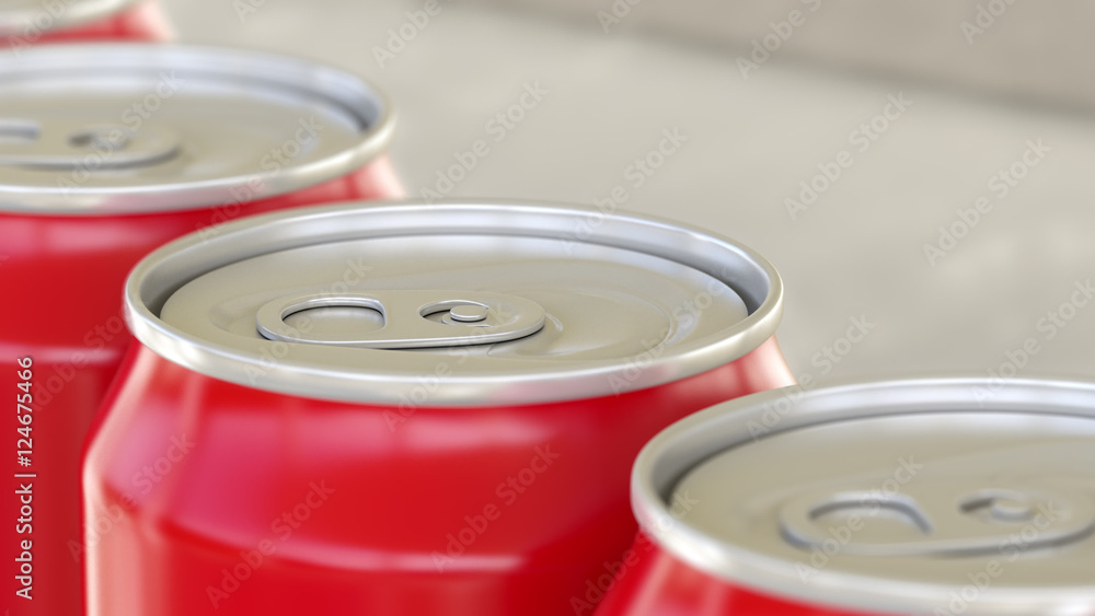Soft drink or beer production line. Red aluminum cans on industrial conveyor, shallow focus. Recycling ecologic packaging. 3D rendering Soft drink or beer production line. Red aluminum cans on industrial conveyor, shallow focus. Recycling ecologic packaging. 3D rendering