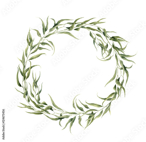 Watercolor floral wreath with eucalyptus leaves. Hand painted floral wreath with branches  leaves of eucalyptus isolated on white background. For design or background
