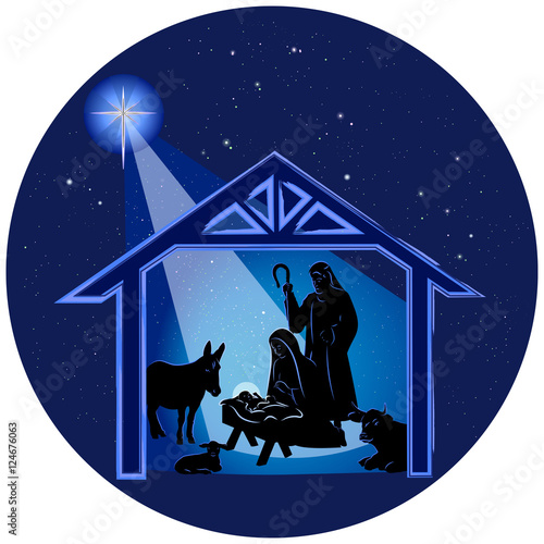 Illustration of the traditional Christmas nativity scene, with Baby Jesus in the manger, with Mary and Joseph and animals in highlighted black silhouettes, on a dark blue starry background.