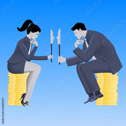 Negotiations of masks business concept. Confident businessman in business suit talks with business lady and both are holding masks covering their true intentions. Talk, conversation, deception vector.