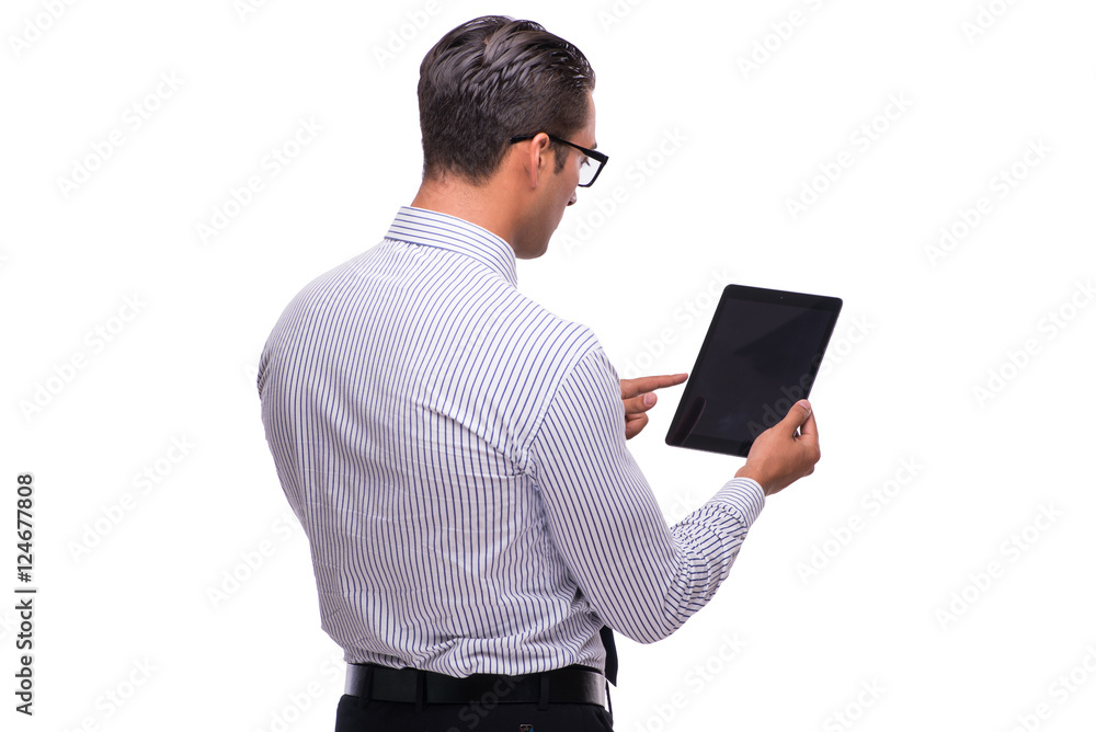 Businessman using his tablet computer isolated on white