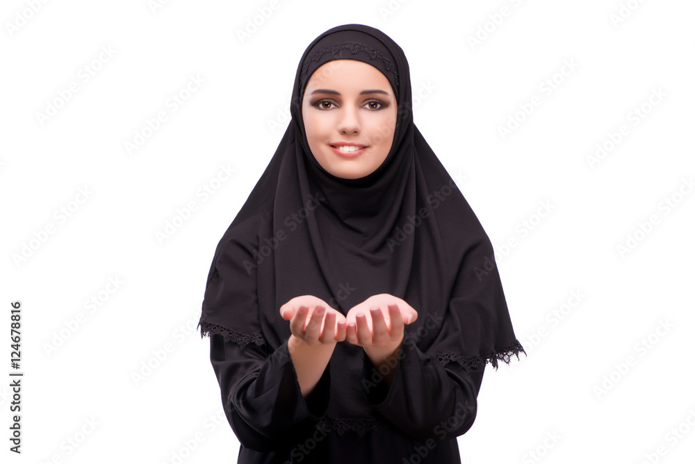 Muslim woman in black dress isolated on white Muslim woman in black dress isolated on white