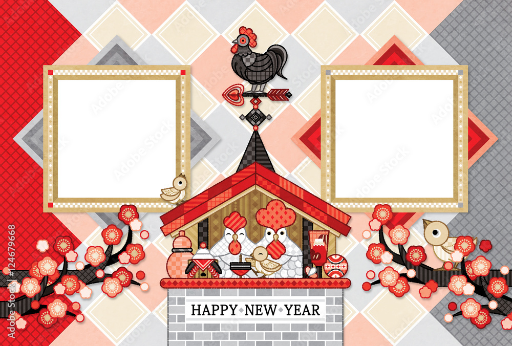 17年酉年完成年賀状テンプレート 鶏家族と風見鶏写真フレーム Happy New Year Stock イラスト Adobe Stock