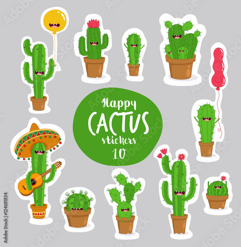 Funny cactus stickers. Vector illustrations can be used as a sticker.