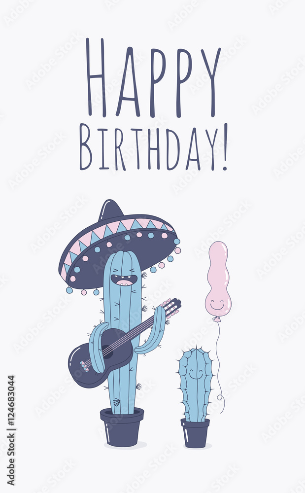 Greeting card Happy Birthday. Funny cactuses with a balloons wishes you a  happy birthday. Comic characters. Vector illustration. Stock Vector | Adobe  Stock