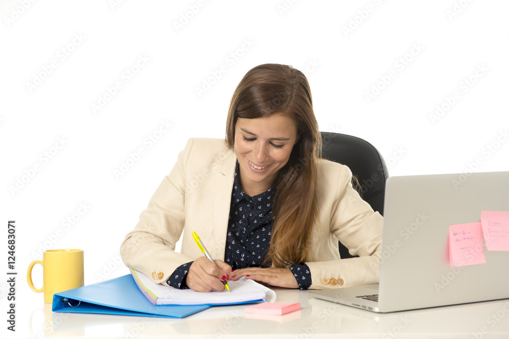 corporate portrait young attractive businesswoman at office chair working at laptop computer desk corporate portrait young attractive businesswoman at office chair working at laptop computer desk