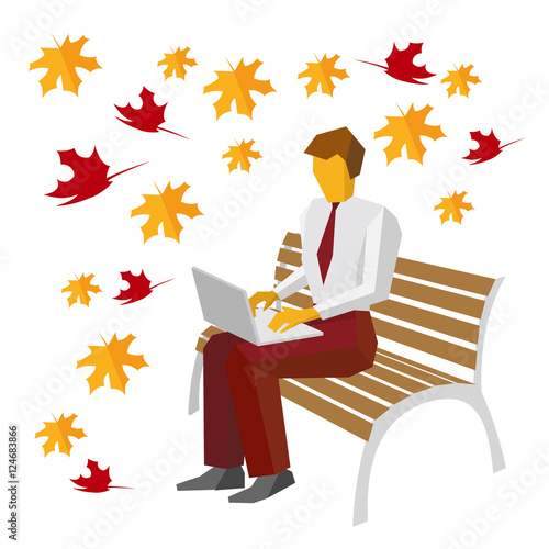Businessman sitting on bench in the park and typing on laptop. Autumn leaves falling in the background. Man working with computer outdoor. Notebook with wireless internet. Isolated on white. 