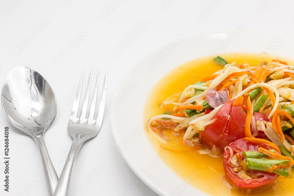 Spicy green papaya salad or somtum isolated on white background with copy space for text, Thai cuisine Spicy green papaya salad or somtum isolated on white background with copy space for text, Thai cuisine