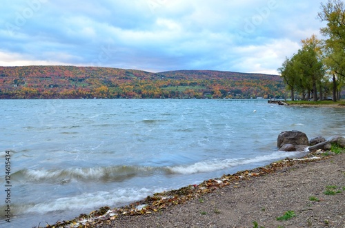 waves crashing on the shore of Canandaigua Lake on a cloudy Autumn day