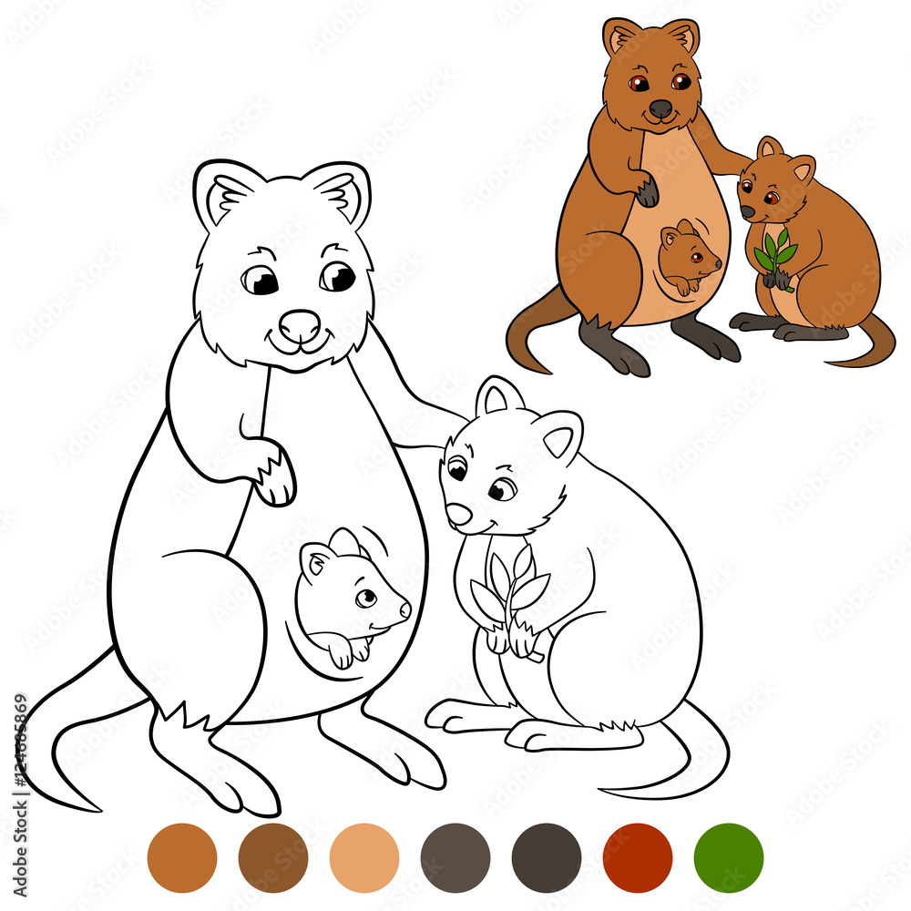 Color me: quokka. Mother quokka with her cute babies. Color me: quokka. Mother quokka with her cute babies.