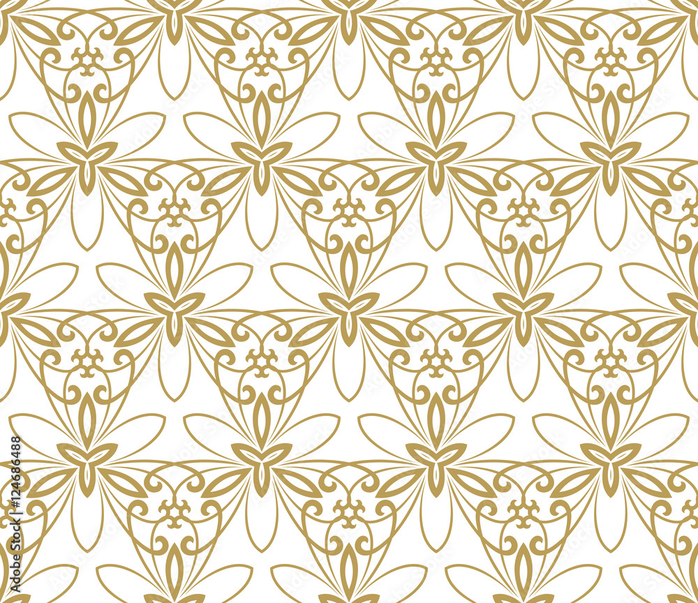 Fototapeta premium Floral ornament. Seamless abstract classic pattern with flowers. Golden and white pattern