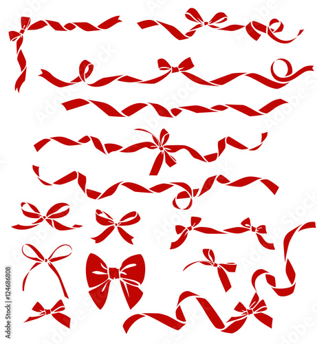 Set of decorative red bows and ribbons. Vector bow silhouette