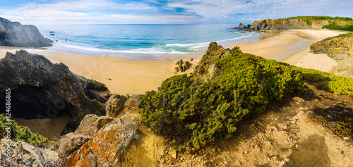 Panoramic view of Odeceixe Beach. Vicentina Coast Natural Park. Odesehe. Algarve region. Portugal