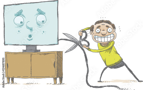 A happy cartoon man prepares to cut his cable tv service cord with a large pair of scissors while a face on the tv reacts with surprise.