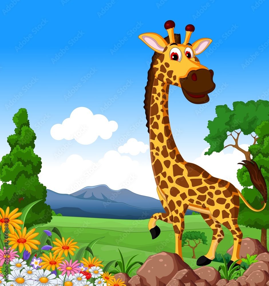 Obraz premium Cute giraffe cartoon in the jungle