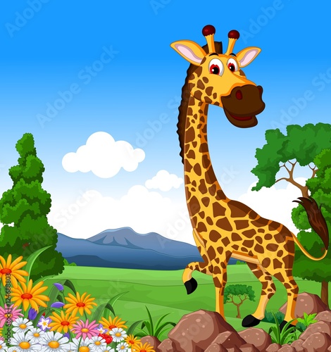 Cute giraffe cartoon in the jungle